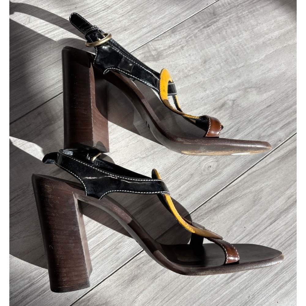 Miu Miu Colorblock Strap Women's Patent Leather Sandal Sz 38 Stacked Wood Heel - Picture 4 of 9